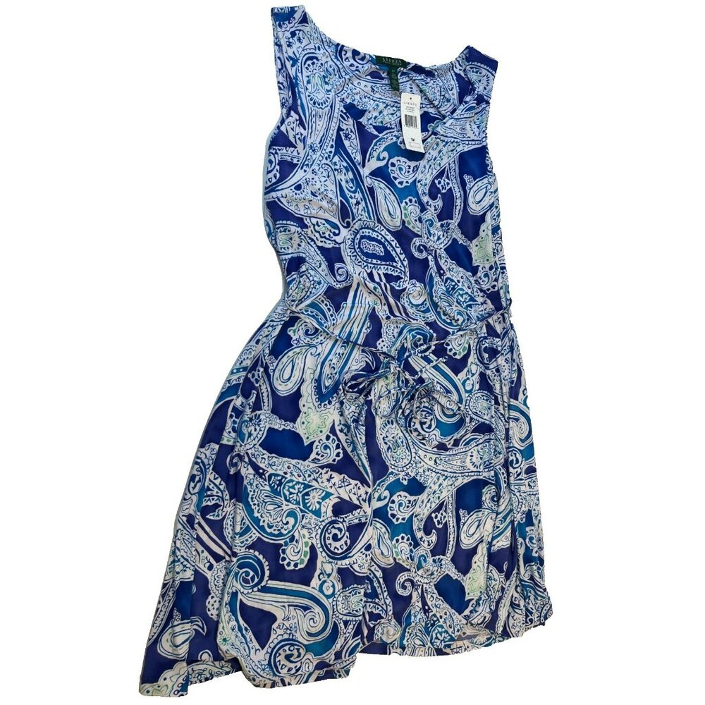 NWT Lauren Ralph Lauren Women's Multicolored Blue Paisley Belted Midi Dress 3X